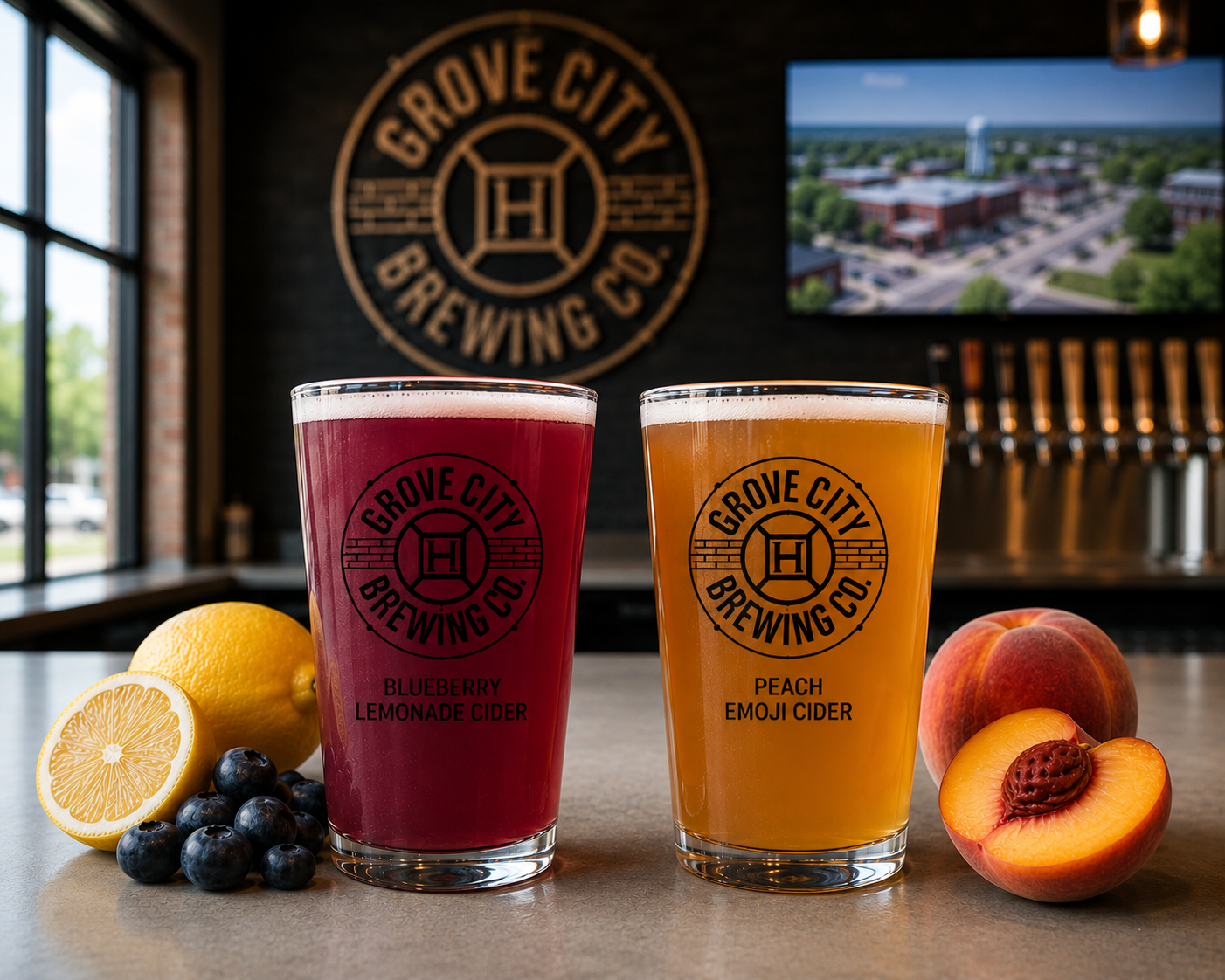 Two colorful Plum Run ciders — Blueberry Lemonade and Peach Emoji — served in branded Grove City Brewing Co. pint glasses on a concrete bar top with fresh fruit beside each drink inside the brewery taproom.