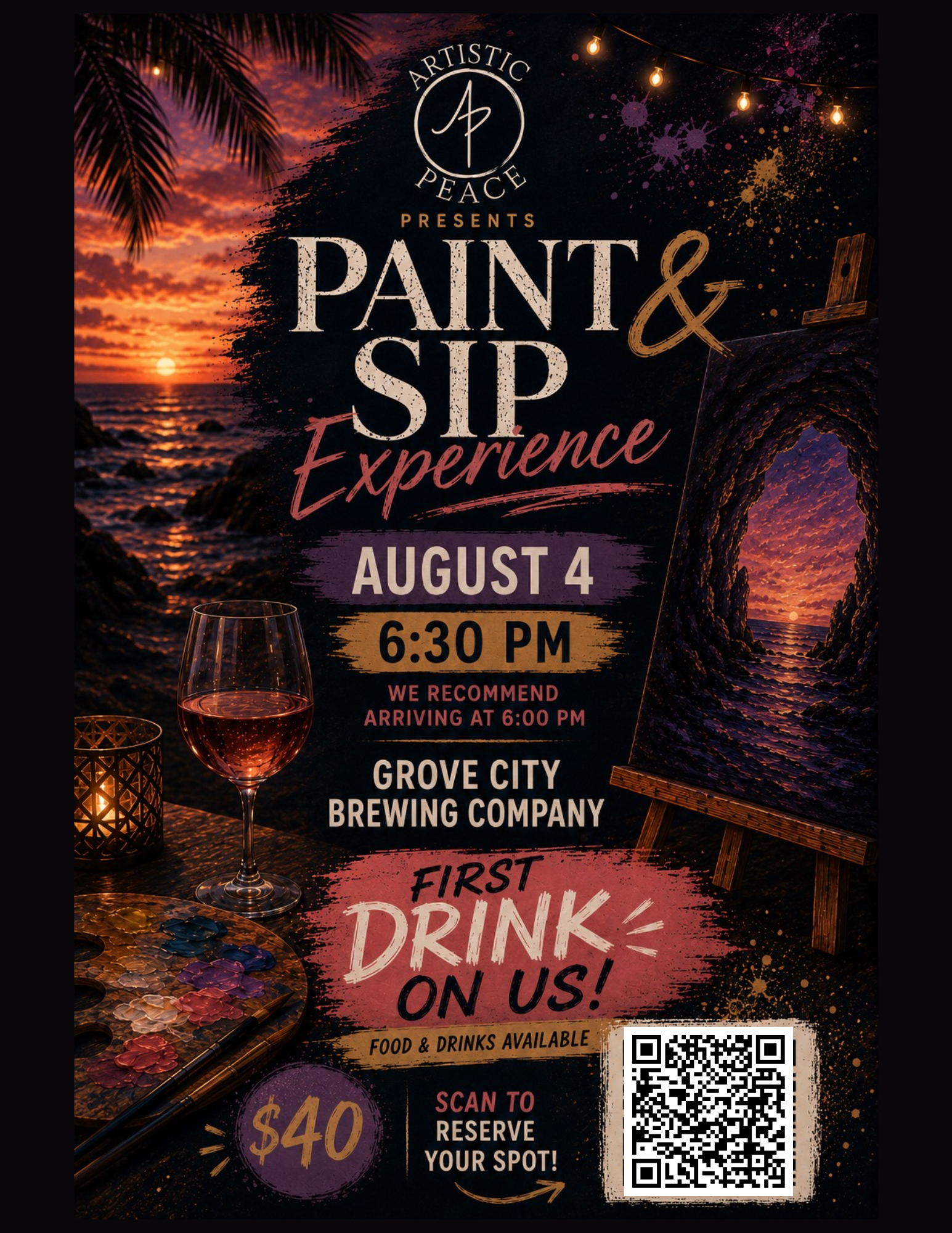 Promotional poster for the Artistic Peace Paint & Sip Experience at Grove City Brewing Co. featuring a sunset beach painting, wine glass, paint palette, and event details for August 4 at 6:30 PM with the first drink included.