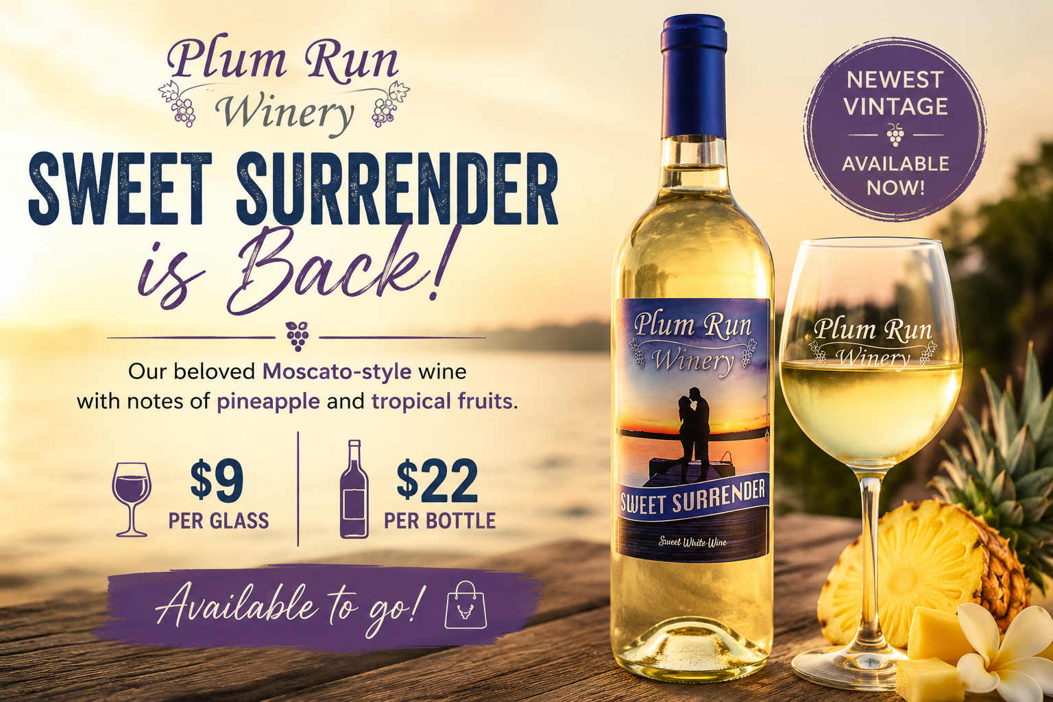 Bottle of Sweet Surrender Moscato-style sweet white wine from Plum Run Winery in Grove City, Ohio.