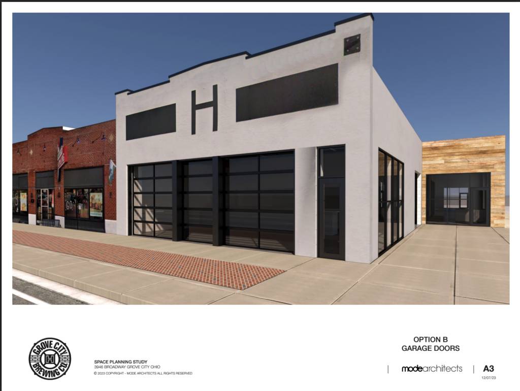 Concept rendering of a potential future exterior renovation for Grove City Brewing Company in downtown Grove City, Ohio featuring glass garage doors and expanded guest space.