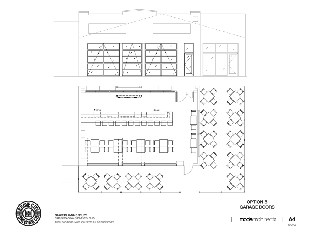 Concept floor plan showing a potential future layout for Grove City Brewing Company with expanded seating, bar space, and guest gathering areas.