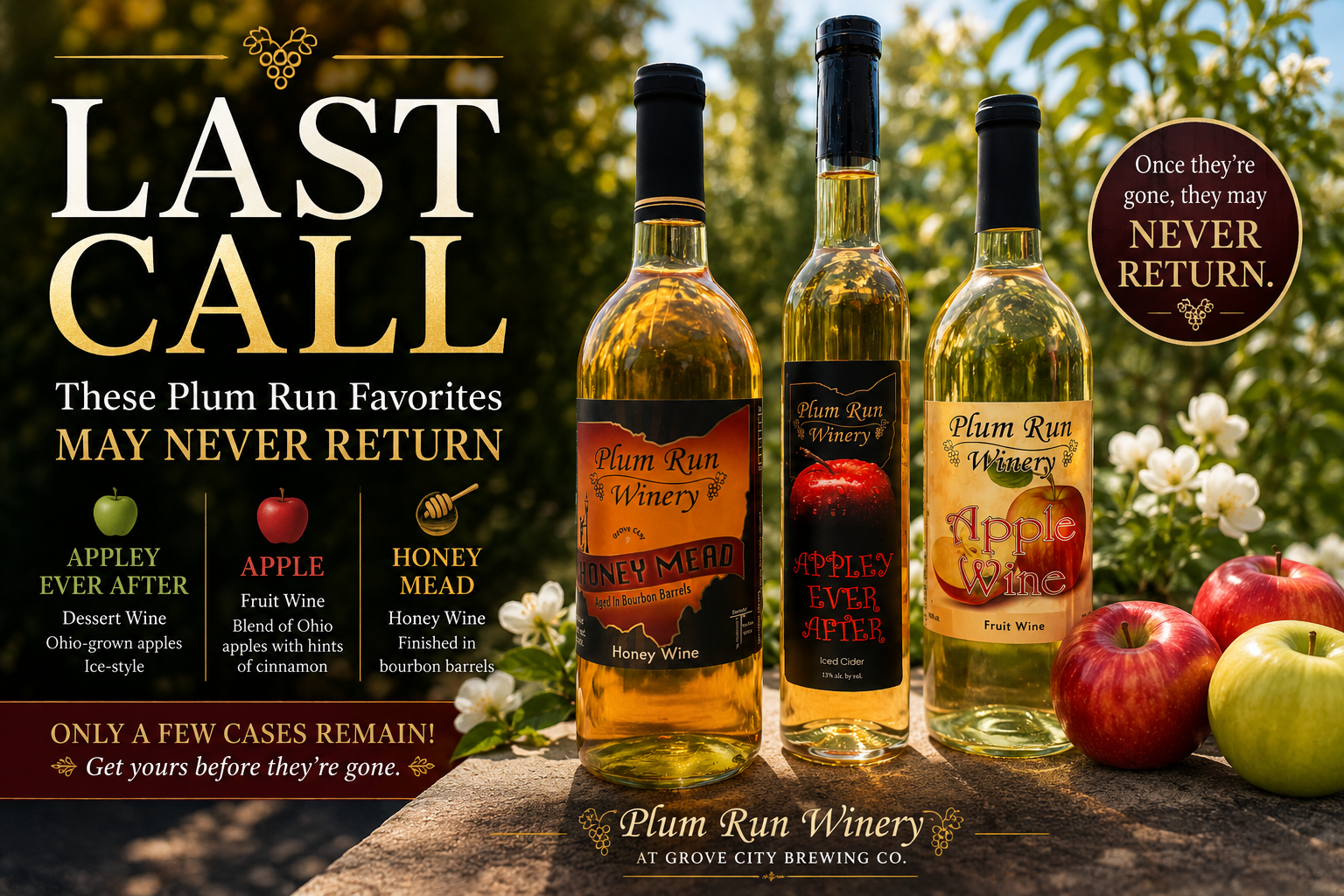 Three bottles of Plum Run Winery's Honey Mead, Appley Ever After, and Apple wine displayed outdoors in golden sunlight with text announcing a last call on these limited wines that may never return.